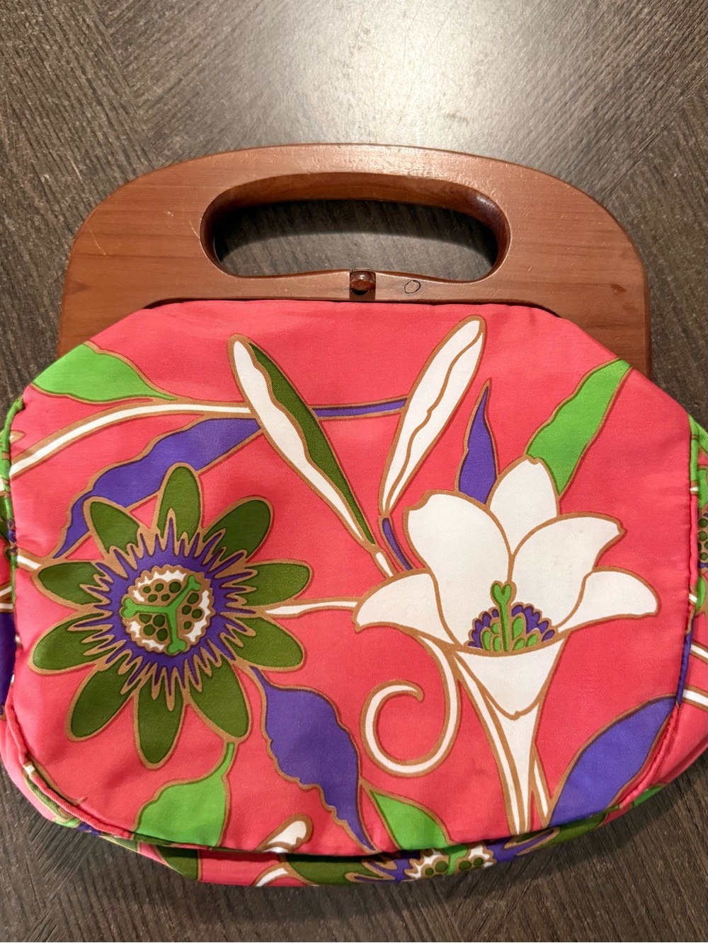 Floral Pink Wristlet Clutch with Wooden Handle